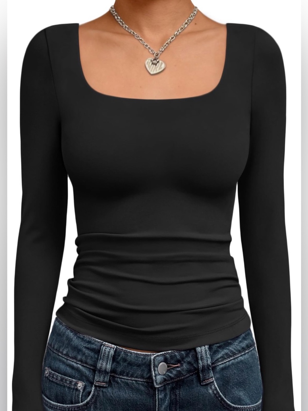Trendy Queen Square Neck Slim Fit L Y2K Long-Sleeve Black Scoop Neck Top